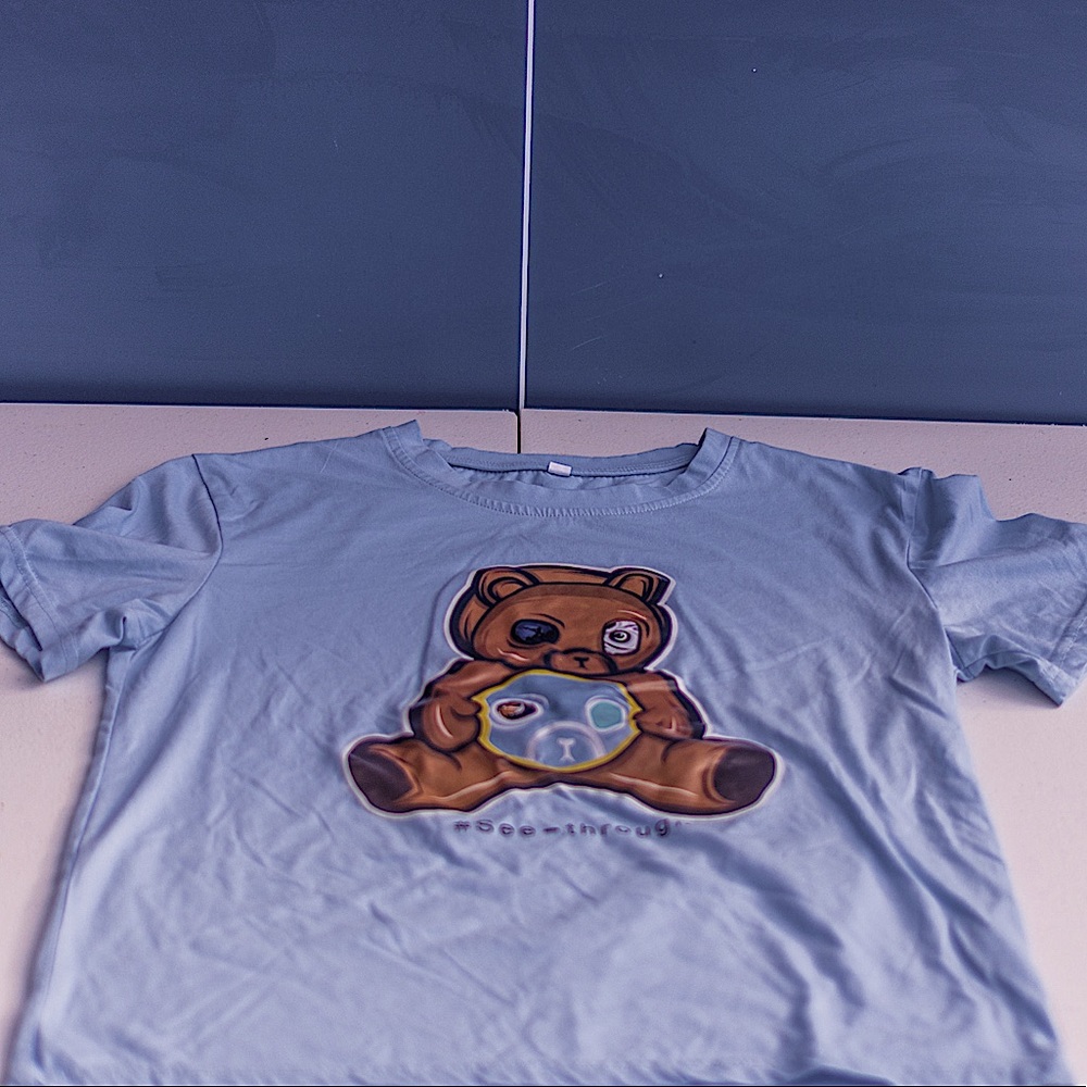 Small(size) light blue, short sleeve shirt with teddy bear design, from SHEIN